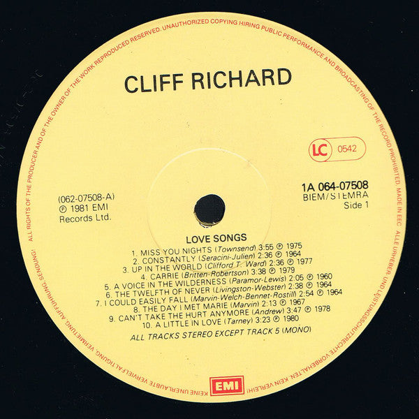 Cliff Richard : Love Songs (LP, Comp, Mono)