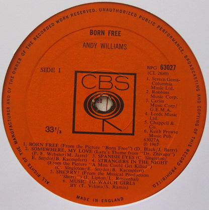 Andy Williams : Born Free (LP, Album, Mono)