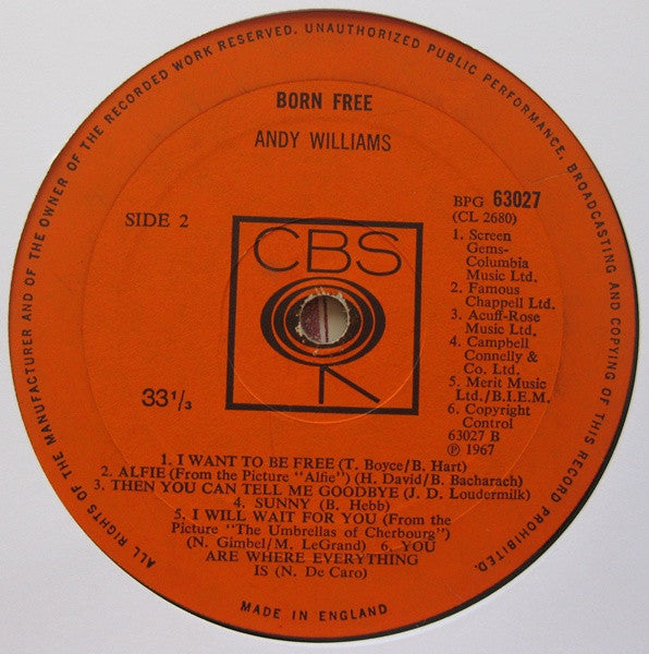 Andy Williams : Born Free (LP, Album, Mono)