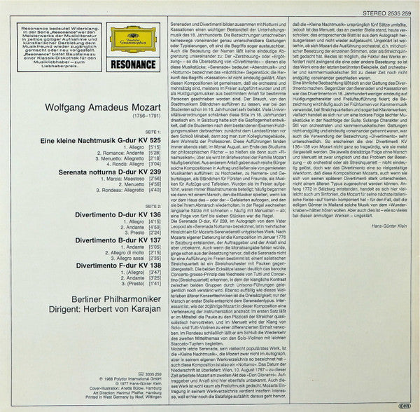 Wolfgang Amadeus Mozart : Herbert von Karajan • Berliner Philharmoniker : Eine Kleine Nachtmusik Serenaden Und Divertimenti (LP, Comp, RE)