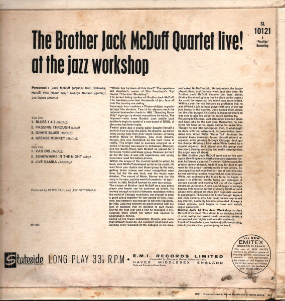 The Brother Jack McDuff Quartet : The Brother Jack McDuff Quartet Live! At The Jazz Workshop (LP, Album)