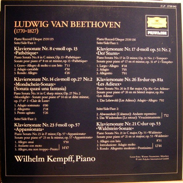 Ludwig van Beethoven - Wilhelm Kempff : Beethoven. Die Beliebtesten Sonaten (The Best-Loved Sonatas) (2xLP, Comp, RE, Gat)