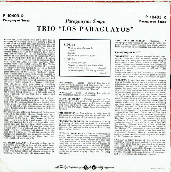 Trio Los Paraguayos : Paraguayan Songs No. 1 (10")