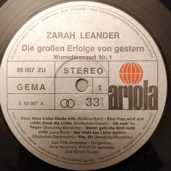 Zarah Leander : Die Großen Erfolge Von Gestern - Wunschkonzert Nr. 1 (LP, Comp)