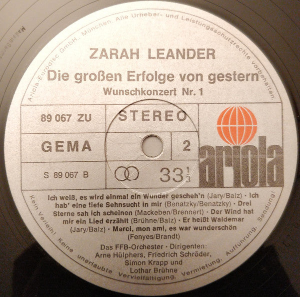 Zarah Leander : Die Großen Erfolge Von Gestern - Wunschkonzert Nr. 1 (LP, Comp)