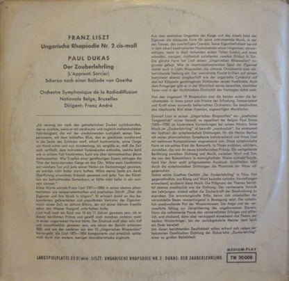 Franz Liszt / Paul Dukas - Orchestre Symphonique De La Radiodiffusion Nationale Belge, Bruxelles, Franz André : Ungarische Rhapsodie Nr. 2 Cis-moll / Der Zauberlehrling (10", Mono)