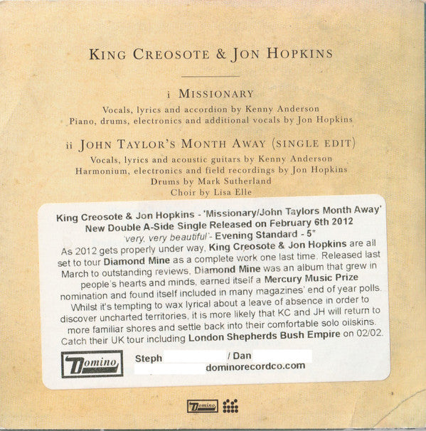 King Creosote & Jon Hopkins : Missionary / John Taylor's Month Away (CD, Single, Promo)