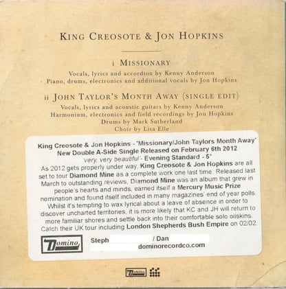 King Creosote & Jon Hopkins : Missionary / John Taylor's Month Away (CD, Single, Promo)