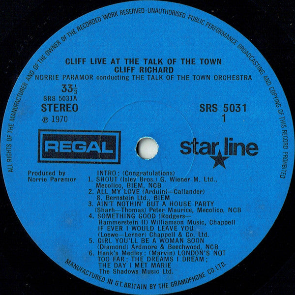 Cliff Richard : Cliff Live At The Talk Of The Town (LP, Album)