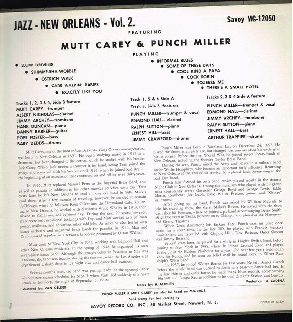 Punch Miller / Mutt Carey : Jazz New Orleans Volume 2 (LP, Album, Mono)