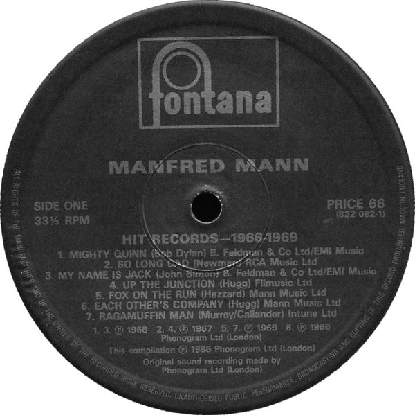 Manfred Mann : Hit Records 1966-1969 (LP, Comp, Mono, RE)