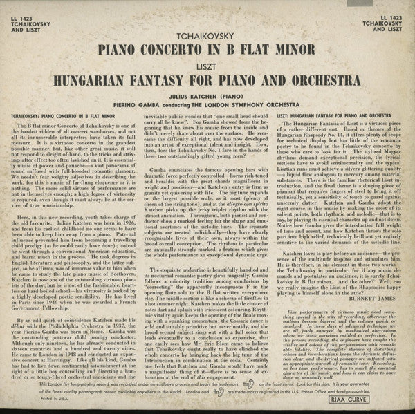 Pyotr Ilyich Tchaikovsky / Franz Liszt - Julius Katchen With The London Symphony Orchestra Conducted By  Pierino Gamba : Piano Concerto No. 1 In B Flat Minor / Hungarian Fantasia (LP)