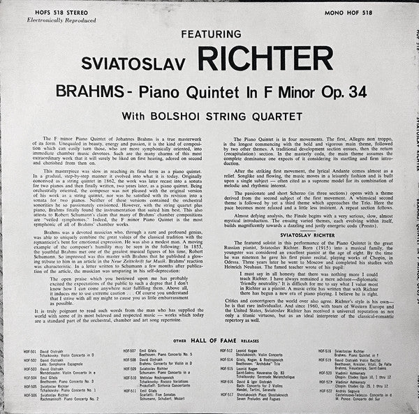 Sviatoslav Richter / Johannes Brahms With Bolshoi Theatre Quartet : Brahms - Piano Quintet In F Minor Op. 34 (LP)