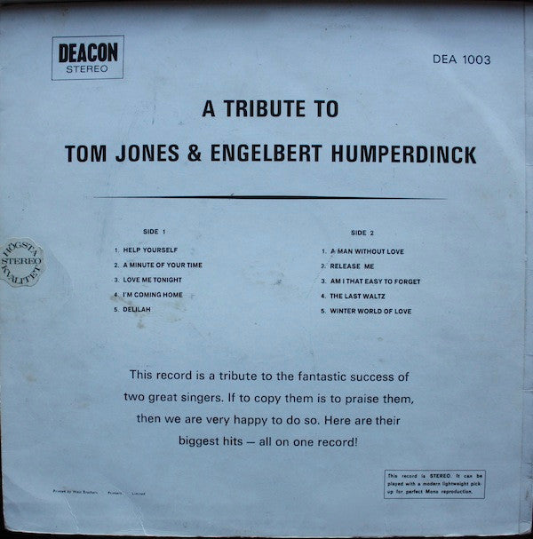 The Studio 77 Orchestra & Singers : A Tribute To Tom Jones And Engelbert Humperdinck (LP)