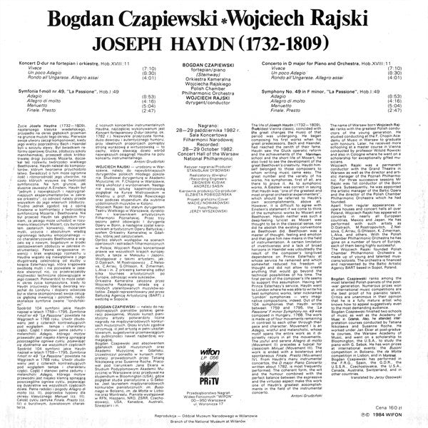 Joseph Haydn – Bogdan Czapiewski, Orkiestra Kameralna Wojciecha Rajskiego, Wojciech Rajski : Koncert Fortepianowy D-dur / Symfonia f-moll „La Passione” (LP)