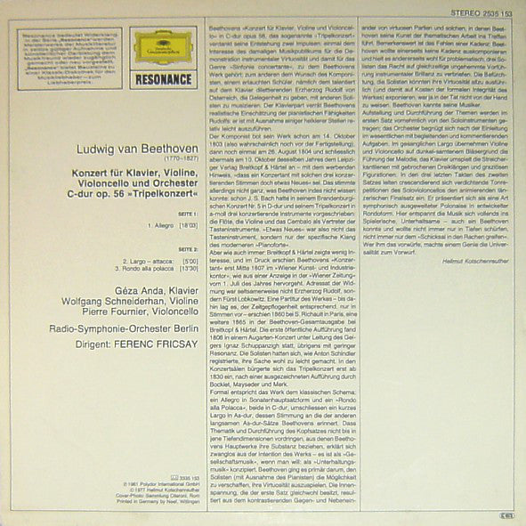 Ludwig van Beethoven – Géza Anda · Wolfgang Schneiderhan · Pierre Fournier - Radio-Symphonie-Orchester Berlin, Ferenc Fricsay : Tripelkonzert (LP, RE)