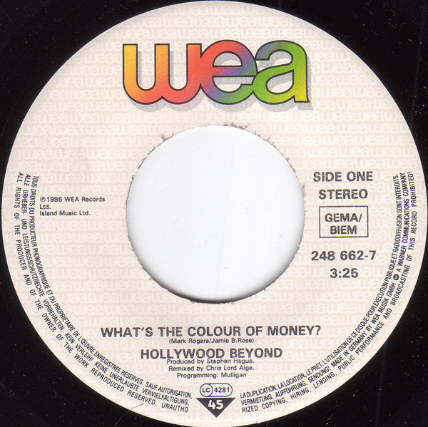 Hollywood Beyond : What's The Colour Of Money ? (7", Single)