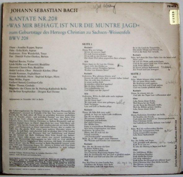 Johann Sebastian Bach / Chor Der St. Hedwigs-Kathedrale Berlin, Karl Forster : Jagd-Kantate. BWV 208 "Was Mir Behagt, Ist Nur Die Muntre Jagd" (10")