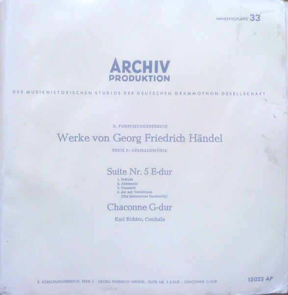 Georg Friedrich Händel, Karl Richter : Suite Nr. 5 E-dur / Chaconne G-dur (10", Mono)