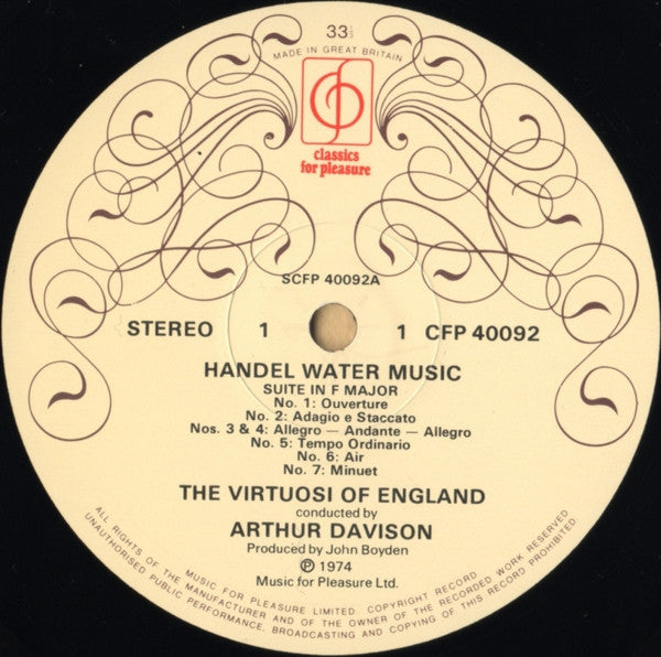 Georg Friedrich Händel, The Virtuosi Of England Conducted By Arthur Davison : Water Music (Complete) (LP)