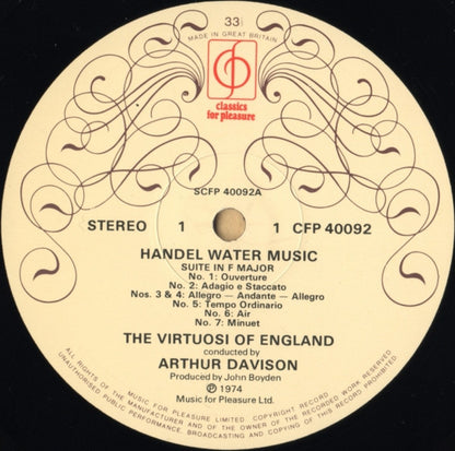 Georg Friedrich Händel, The Virtuosi Of England Conducted By Arthur Davison : Water Music (Complete) (LP)