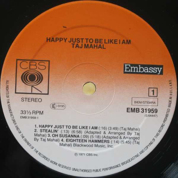 Taj Mahal : Happy Just To Be Like I Am (LP, Album, RE)