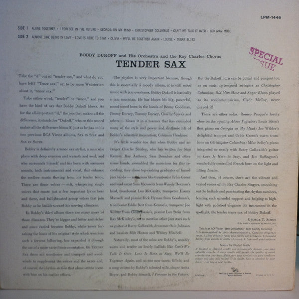 Bobby Dukoff : Tender Sax (LP, Album, Mono)