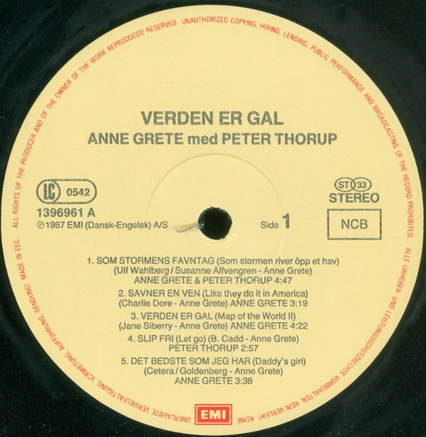 Anne Grete Med Peter Thorup : Verden Er Gal (LP, Album)