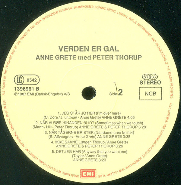 Anne Grete Med Peter Thorup : Verden Er Gal (LP, Album)