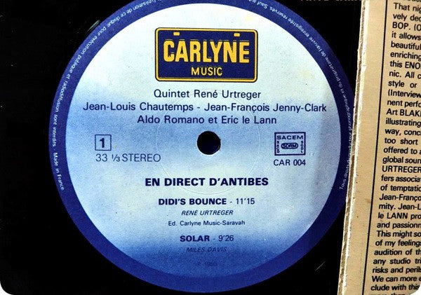 Quintet René Urtreger - Jean-Louis Chautemps, J.-F. Jenny-Clark, Aldo Romano Et Eric Le Lann : En Direct D'Antibes (LP, Album)