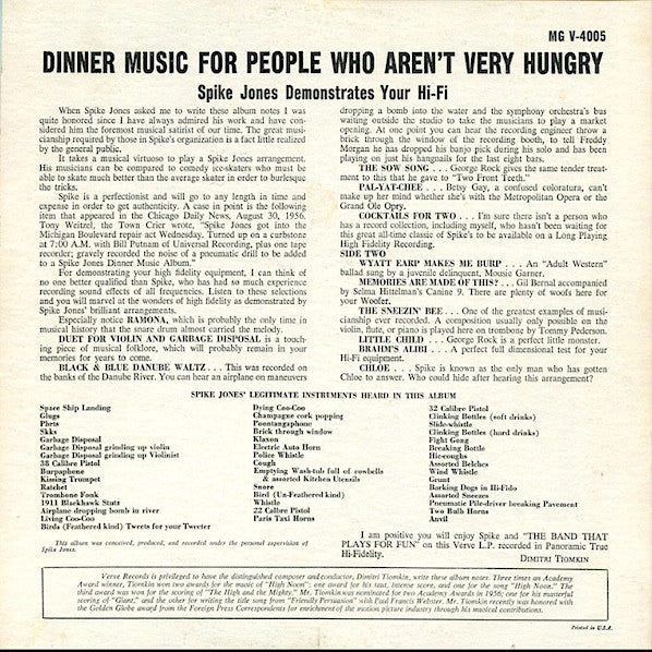 Spike Jones : Dinner Music (For People Who Aren't Very Hungry) (LP, Album, Mono)