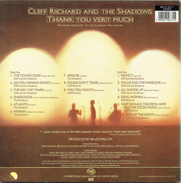 Cliff Richard & The Shadows : Thank You Very Much (Reunion Concert At The London Palladium) (LP, Album, RE)