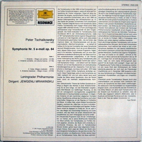 Pyotr Ilyich Tchaikovsky - Leningrad Philharmonic Orchestra, Evgeny Mravinsky : Symphonie Nr.5 (LP, RE)