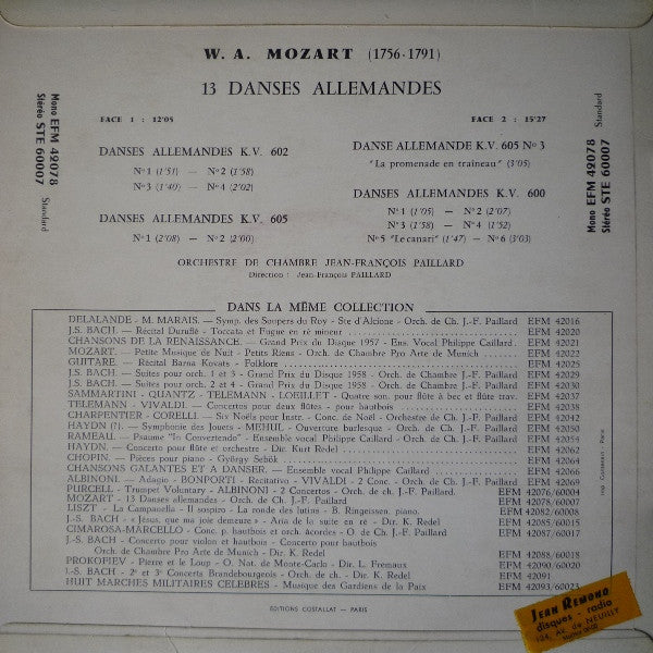 Wolfgang Amadeus Mozart / Orchestre De Chambre Jean-François Paillard : 13 Danses Allemandes (10", Mono)