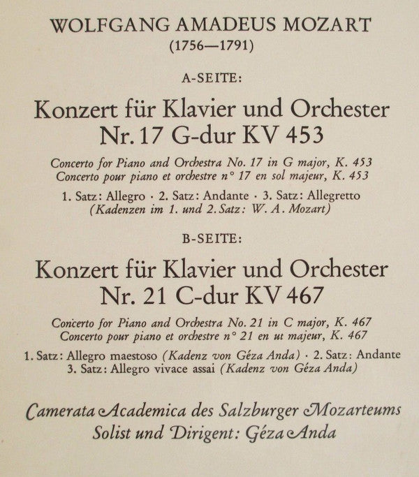 Wolfgang Amadeus Mozart - Camerata Academica Salzburg, Géza Anda : Klavierkonzerte G-Dur KV 453 ・C-Dur KV 467 (LP, Album)