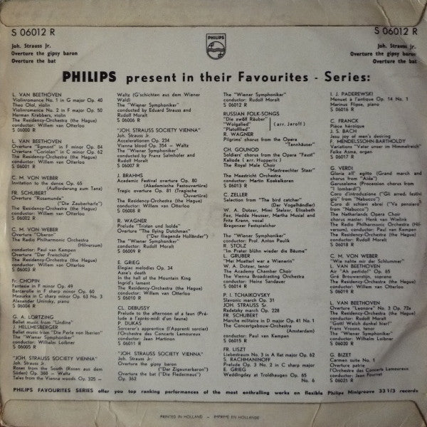 Johann Strauss Jr. / Wiener Symphoniker Conductor : Rudolf Moralt : Overture The Gipsy Baron ("Der Zigeunerbaron") / Overture The Bat Op. 362 ("Die Fledermaus") (10")