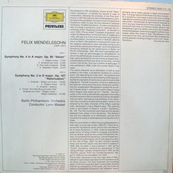 Felix Mendelssohn-Bartholdy - Berliner Philharmoniker - Lorin Maazel : Symphonie Nr. 4 "Italienische" / Symphonie Nr. 5 "Reformations-Symphonie" (LP, Album)