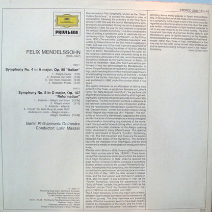 Felix Mendelssohn-Bartholdy - Berliner Philharmoniker - Lorin Maazel : Symphonie Nr. 4 "Italienische" / Symphonie Nr. 5 "Reformations-Symphonie" (LP, Album)