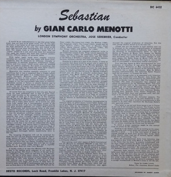 Gian Carlo Menotti, The London Symphony Orchestra, Jose Serebrier : Sebastian (LP)