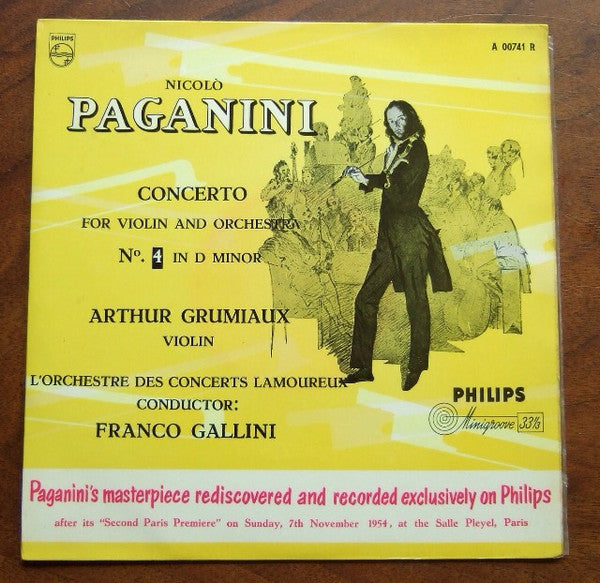 Niccolò Paganini, Franco Gallini, Orchestre Des Concerts Lamoureux, Arthur Grumiaux : Concerto For Violin And Orchestra No. 4 In D Minor (10", Mono)