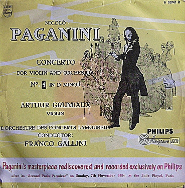 Niccolò Paganini, Franco Gallini, Orchestre Des Concerts Lamoureux, Arthur Grumiaux : Concerto For Violin And Orchestra No. 4 In D Minor (10", Mono)