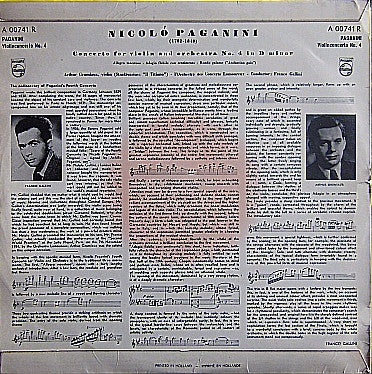 Niccolò Paganini, Franco Gallini, Orchestre Des Concerts Lamoureux, Arthur Grumiaux : Concerto For Violin And Orchestra No. 4 In D Minor (10", Mono)