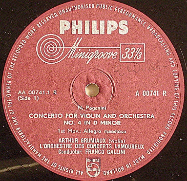 Niccolò Paganini, Franco Gallini, Orchestre Des Concerts Lamoureux, Arthur Grumiaux : Concerto For Violin And Orchestra No. 4 In D Minor (10", Mono)