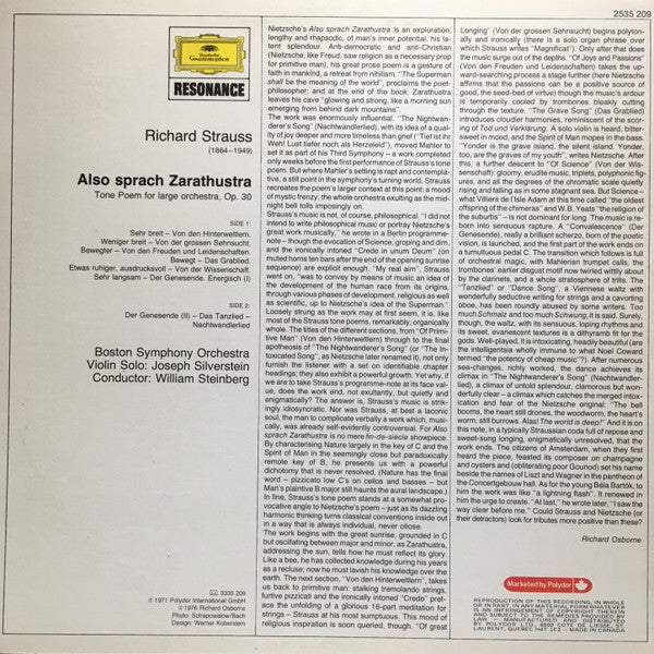 Richard Strauss : Boston Symphony Orchestra . William Steinberg : Also Sprach Zarathustra (LP, Album, RE)