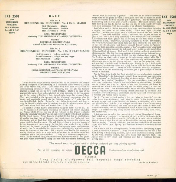 Johann Sebastian Bach - Karl Münchinger Conducting Stuttgarter Kammerorchester : Brandenburg Concertos No. 4 In G Major / No. 6 In B Flat Major (LP, Album, Mono, RE, Ora)