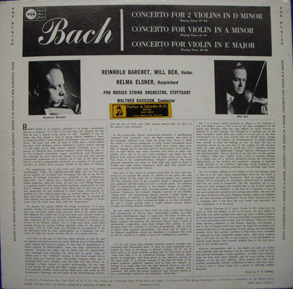 Johann Sebastian Bach - Reinhold Barchet - Will Beh - Pro Musica Orchestra Stuttgart, Walther Davisson : Concerto For 2 Violins In D Minor • Concerto For Violin In A Minor • Concerto For Violin In E Major (LP, Mono)