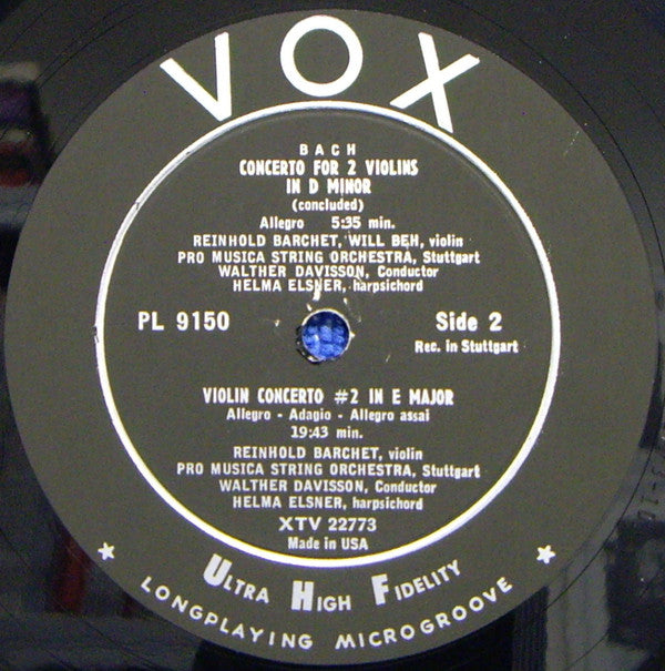 Johann Sebastian Bach - Reinhold Barchet - Will Beh - Pro Musica Orchestra Stuttgart, Walther Davisson : Concerto For 2 Violins In D Minor • Concerto For Violin In A Minor • Concerto For Violin In E Major (LP, Mono)