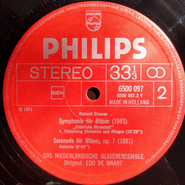 Richard Strauss - Nederlands Blazers Ensemble, Edo de Waart : Symphony For Wind Instruments "The Happy Workshop" (1945) / Serenade For Wind Instruments, Op. 7(1881) (LP)