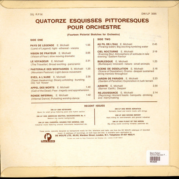 Edward Michael : Quatorze Esquisses Pittoresques Pour Orchestre (Fourteen Pictorial Sketches For Orchestra) (LP, Mono)