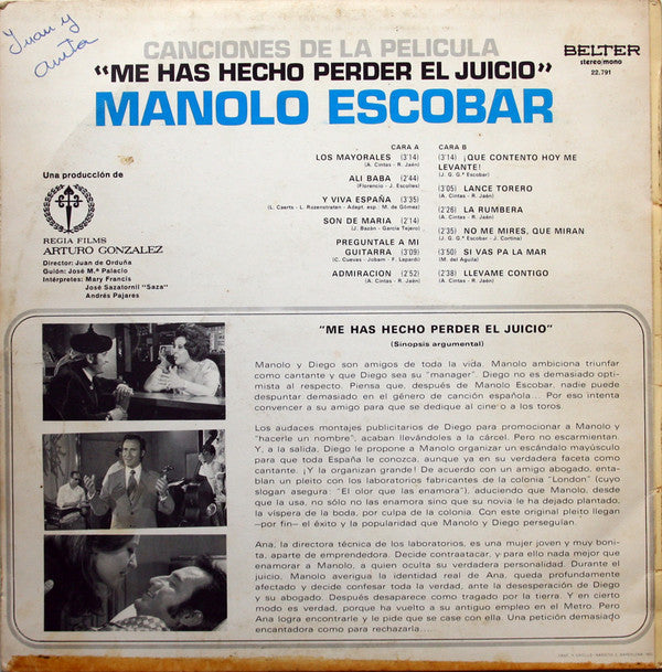 Manolo Escobar : Canciones De La Película "Me Has Hecho Perder El Juicio" (LP)